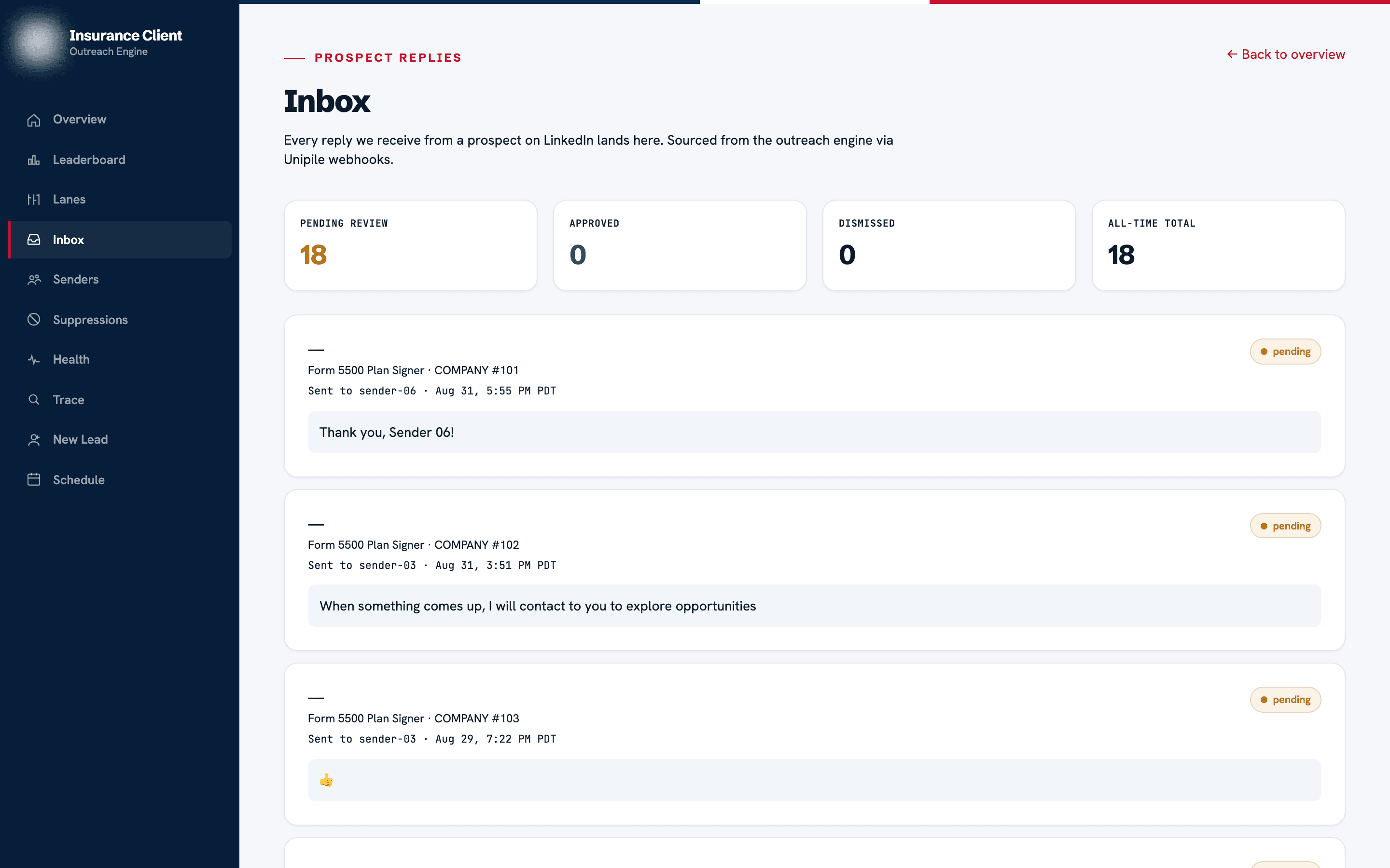 Reply inbox — every prospect reply streams in live over webhooks and queues for human review