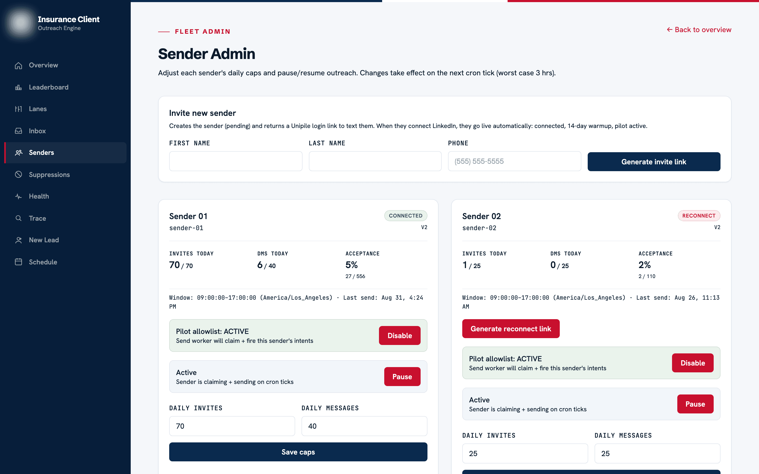 Fleet admin — six sender accounts with daily caps, 14-day warmup, pause/resume, and one-click onboarding links